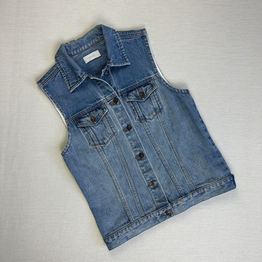Elwood Red Line Selvedge Denim Vest Jean Jacket Women 8 Light Wash Blue Trucker
